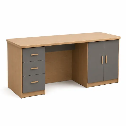 Schreibtisch aus Holz mit Schubladen und Türen, Eiche/Grau-decozira