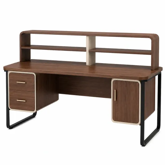 Schreibtisch Holz mit Regalen und Metallsockel 140cm Nussbraun-decozira