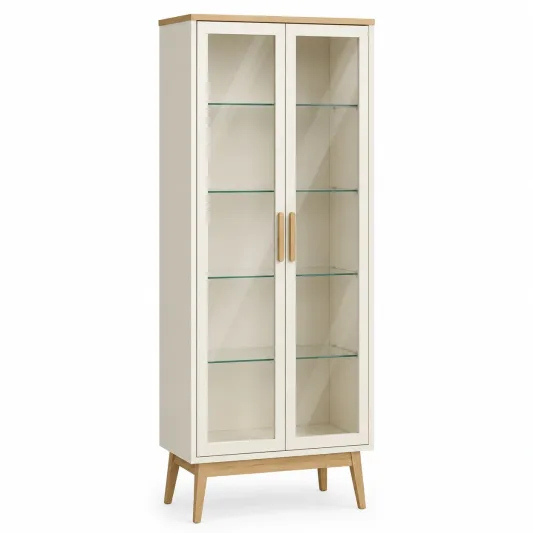 Vitrine Holz Glas mit Doppeltüren 180cm Höhe Beige-decozira