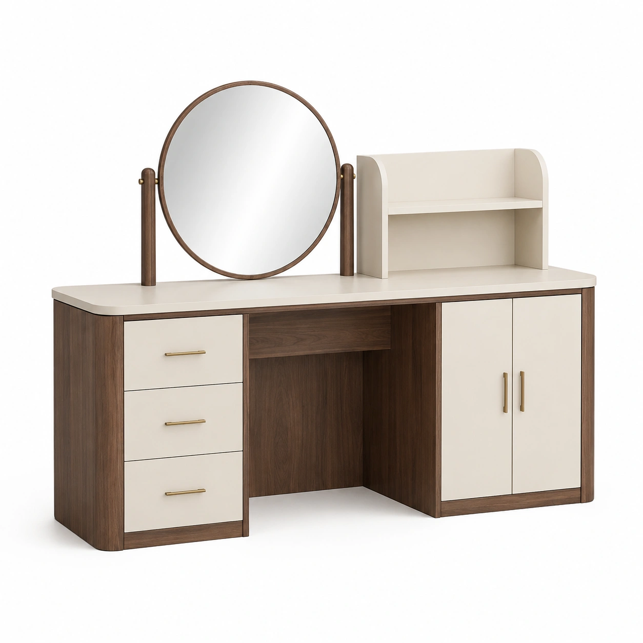Schminktisch aus Holzfurnier und MDF mit Rundspiegel Creme/Braun-furnovria