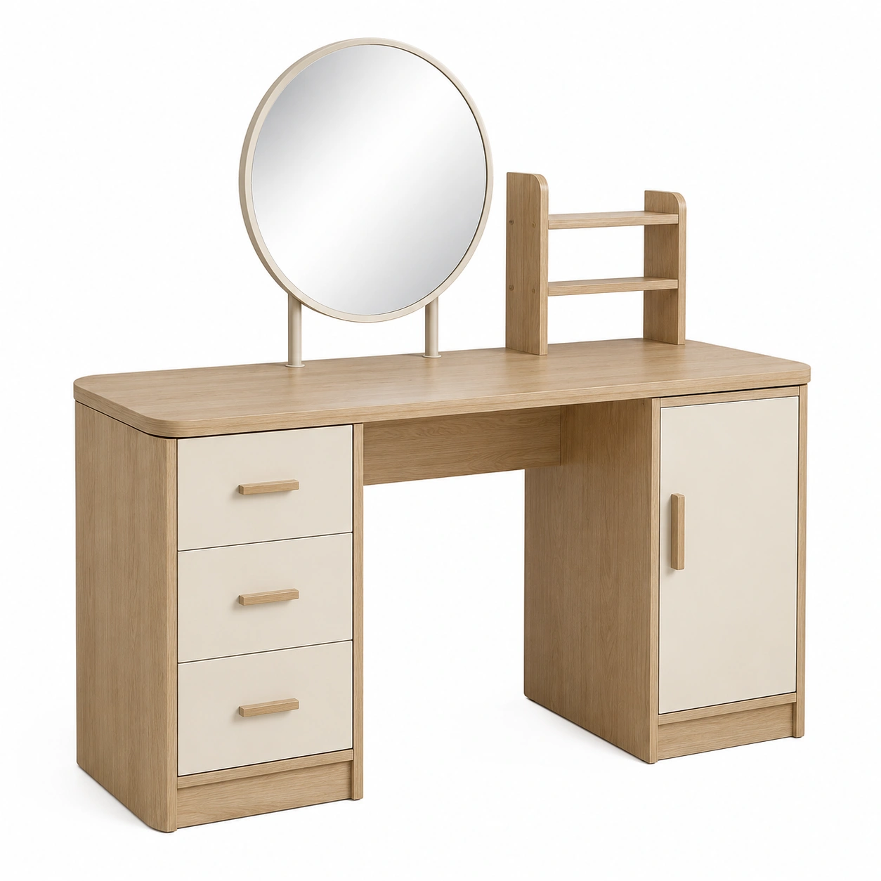 Schminktisch aus Holz mit rundem Spiegel und Schubladen-furnovria