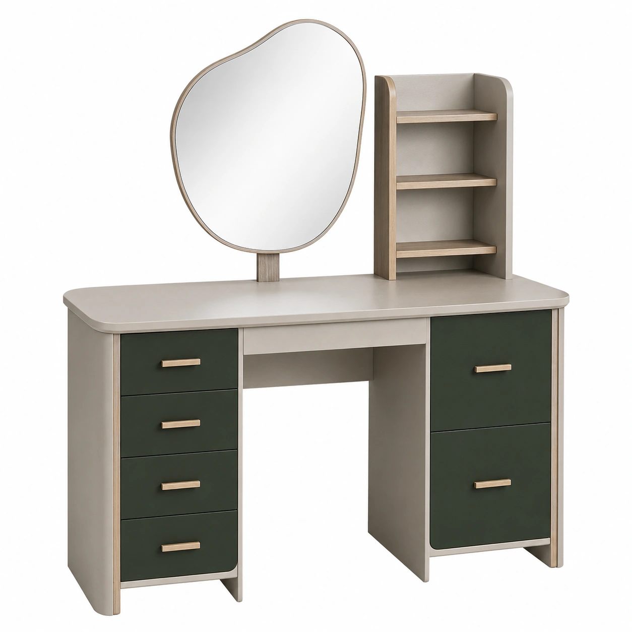 Kombination aus Schminktisch und Regal mit Spiegel, Holz, Beige/Grün-furnovria