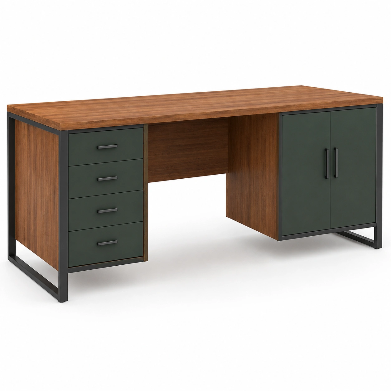 Schreibtisch aus Holz und Metall mit Schubladen und Türen, Braun/Grün-furnovria