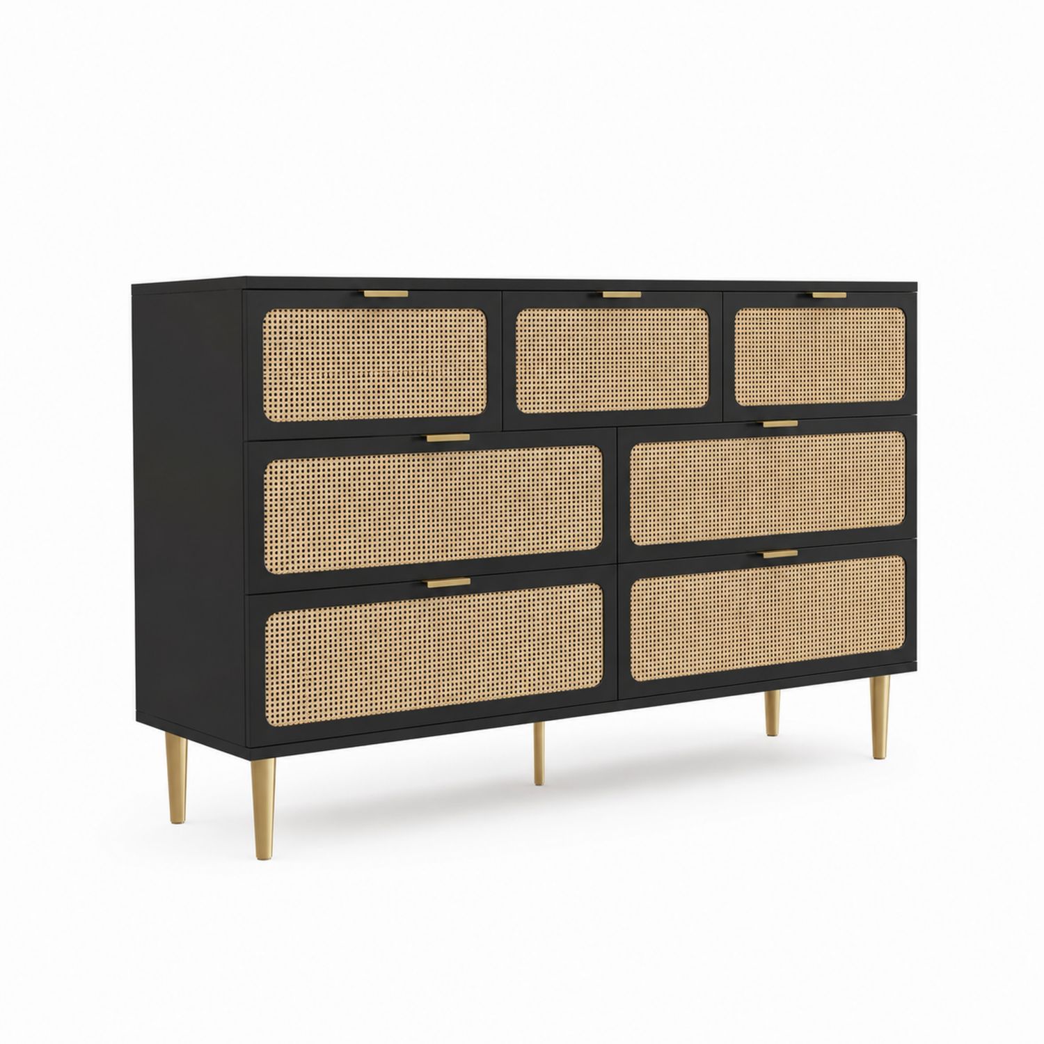 Kommode mit 8 Schubladen aus Holz und Rattan Schwarz/Natur-nortrivoqelz