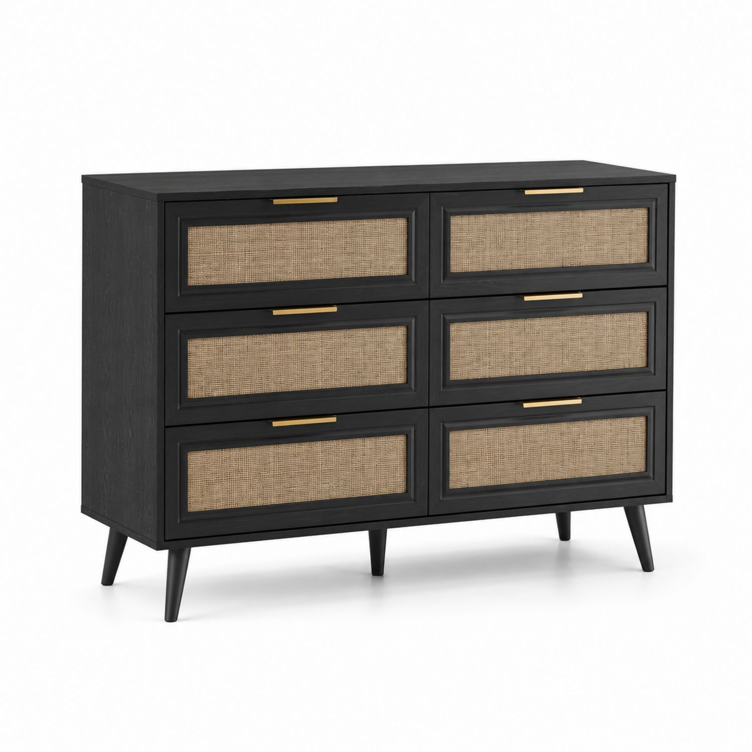 Holzkommode mit 6 Rattan-Schubladen, Schwarz/Natur-nortrivoqelz