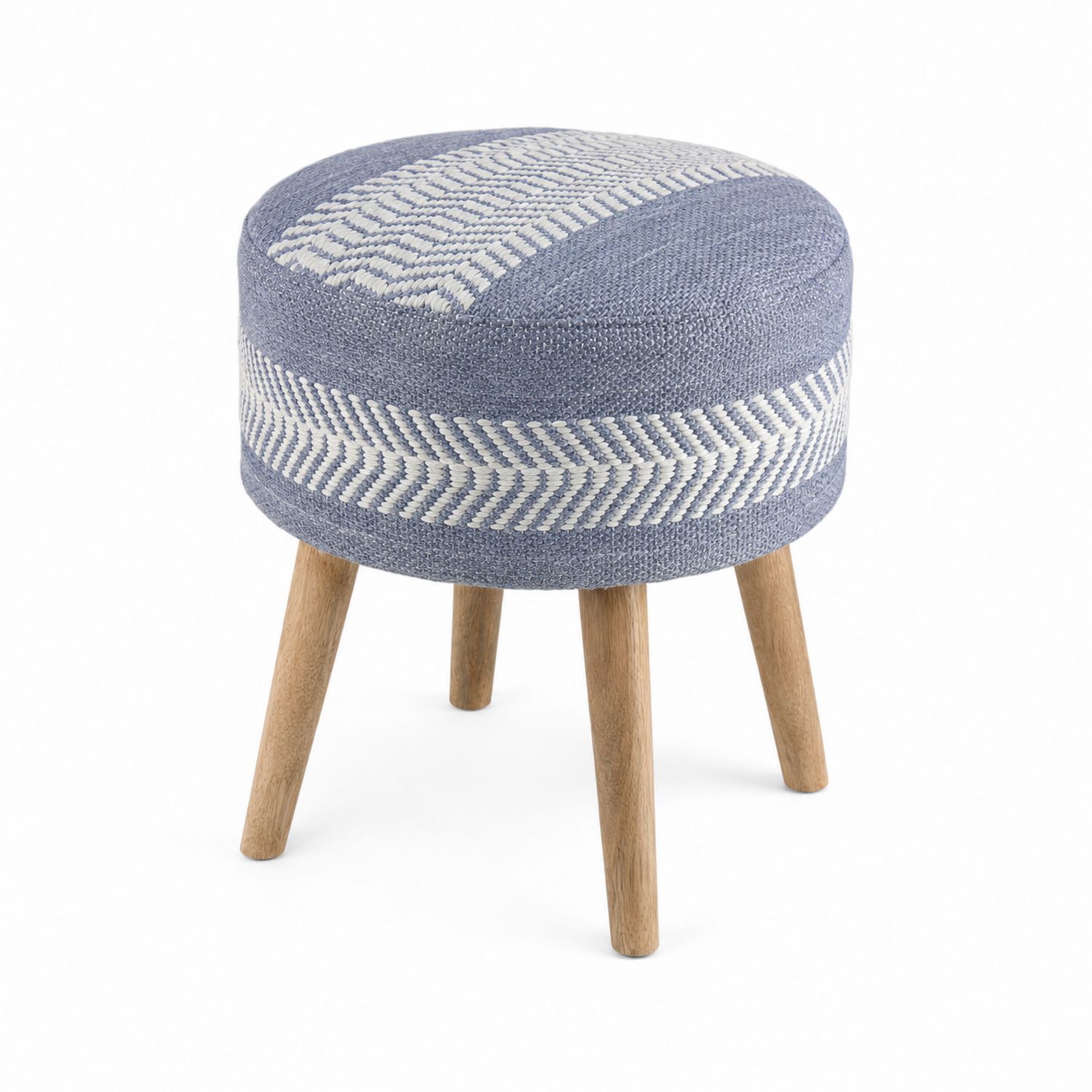 Runder Hocker aus Stoff mit Holzbeinen in Blau und Weiß, 40 cm Höhe-nortrivoqelz
