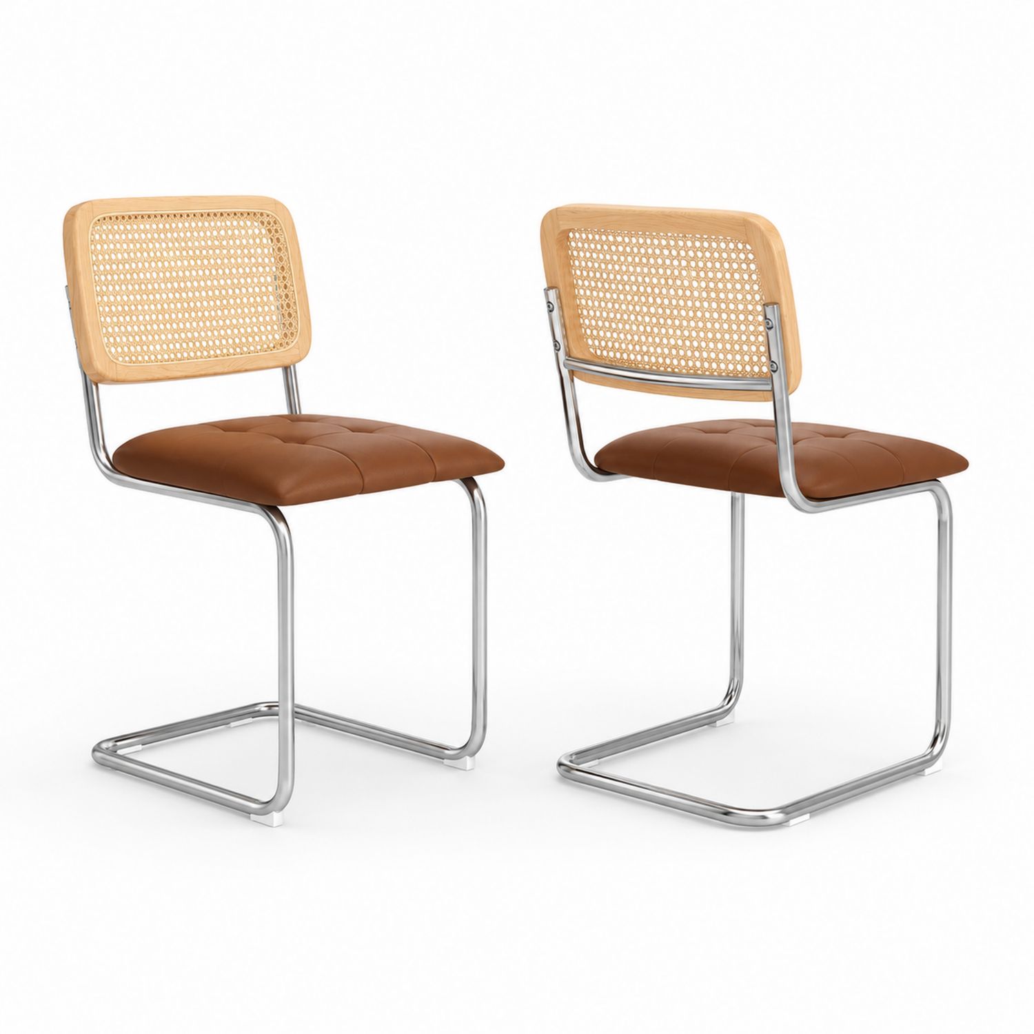Esszimmerstuhl 2er-Set mit Rattanrückenlehne und Kunstledersitz