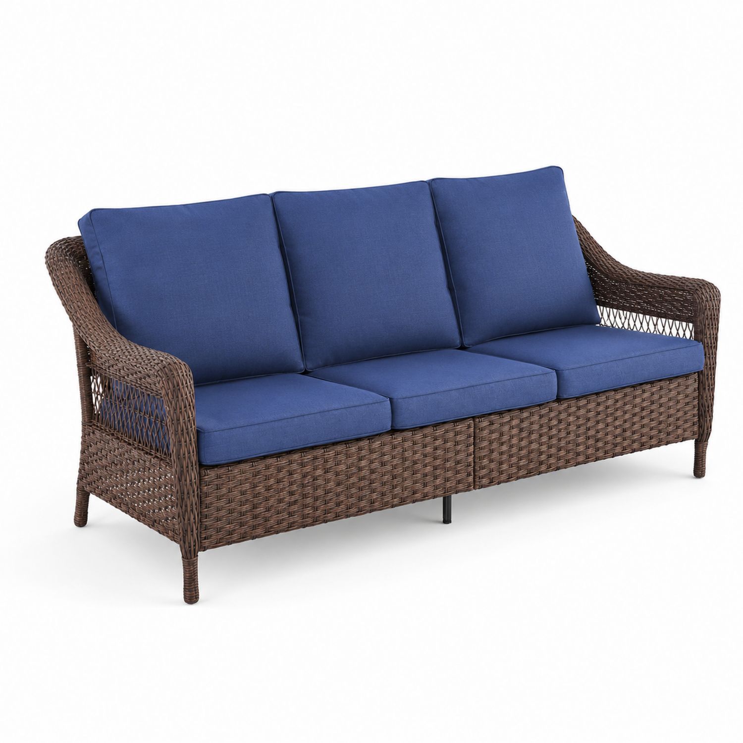 3-Sitzer Sofa aus Rattan mit Polyesterkissen Blau