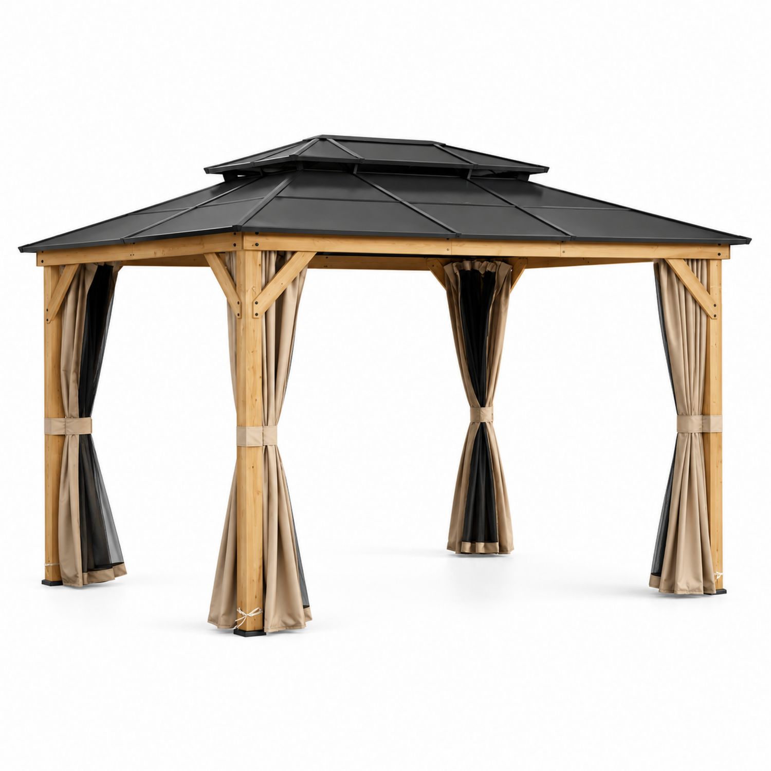 Pavillon mit Aluminiumdach und Holzrahmen, wasserdichte Polyester Vorhänge, 3x4 m