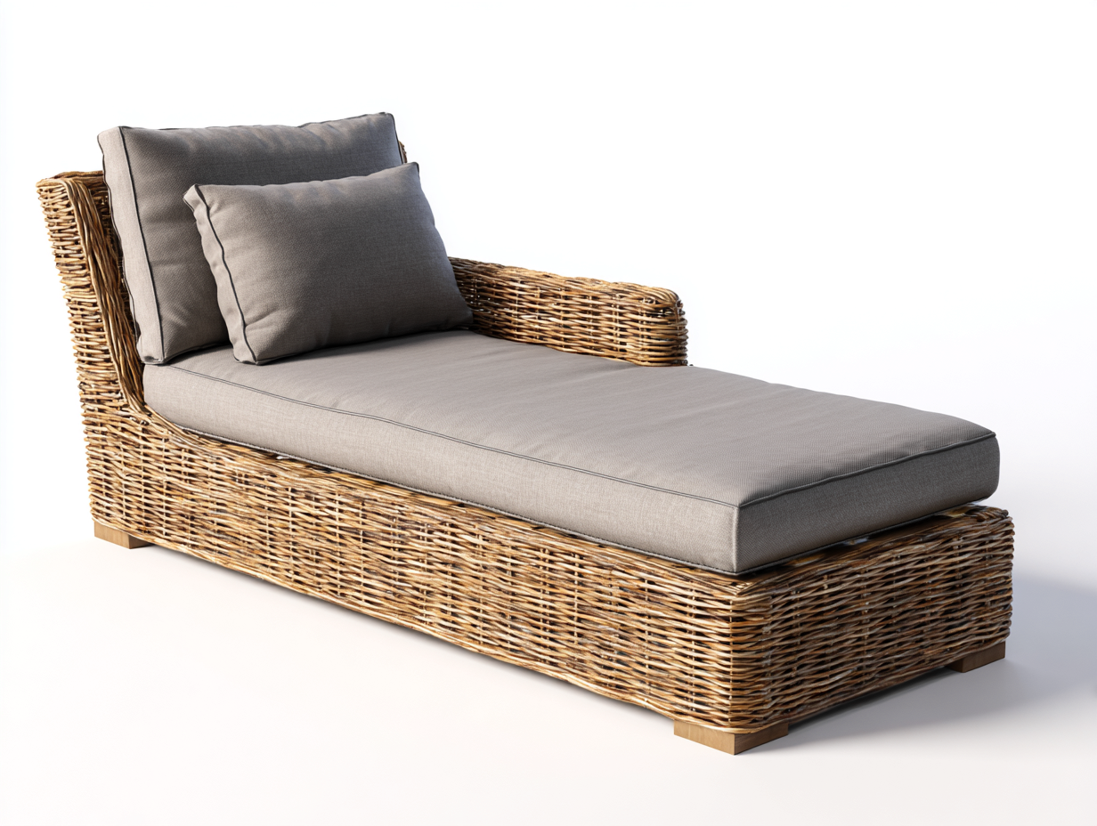 Bain de soleil - rotin-textile-bois - 203x82x84 cm - gris taupe-beige naturel - style bohème-Zilosodecor