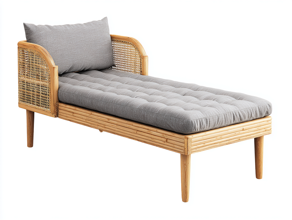 Bain de soleil - bois-rotin-textile - 195x78x82 cm - gris-bois naturel - style bohème-Zilosodecor