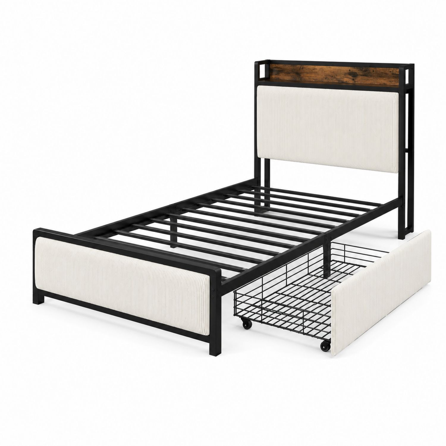 Metallbett mit Stoffpolsterung und Stauraum 200x90 cm Schwarz/Beige-Sylverdonq