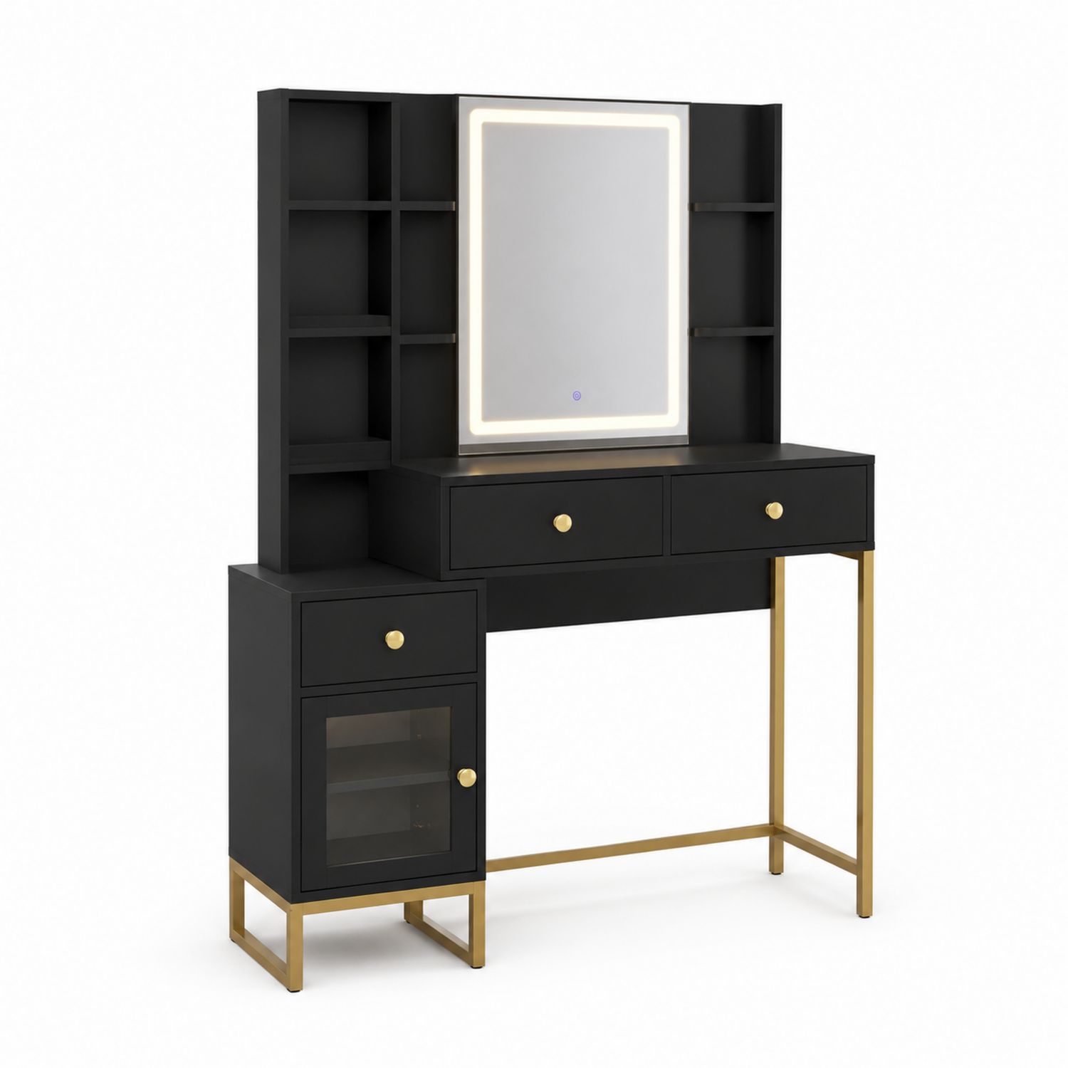 Make-up-Tisch mit LED-Beleuchtung, MDF und Metall, Schwarz mit Gold-Sylverdonq
