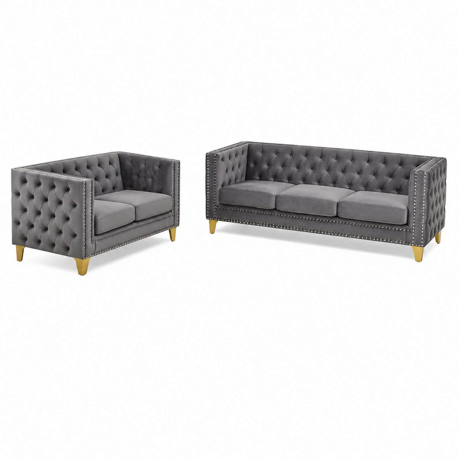 2-teiliges Sofa Set Samt Grau mit Massivholzfüßen-Sylverdonq