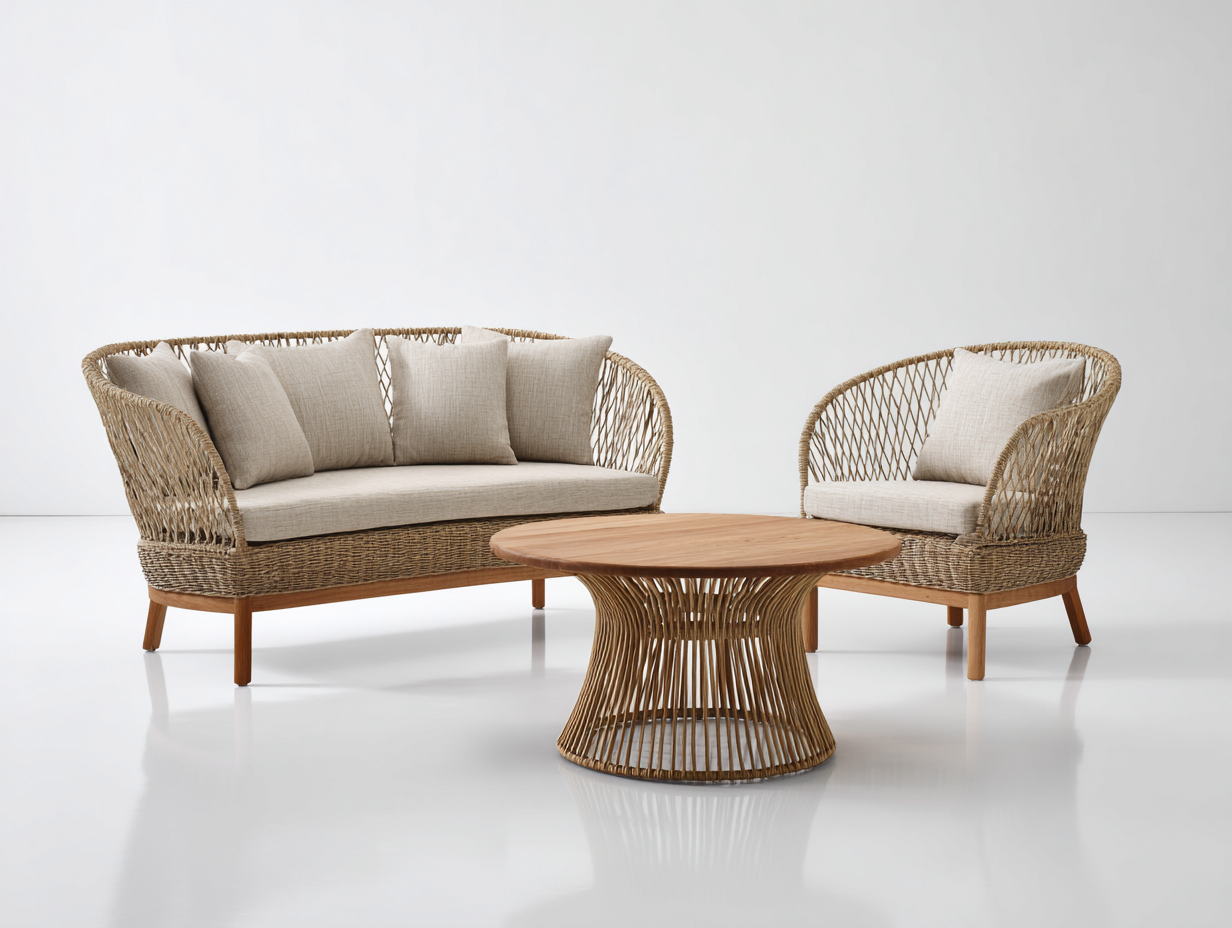 Divani da esterno - rattan-legno-tessuto - 172x78x79 cm - naturale-beige - boho-Tavomohome