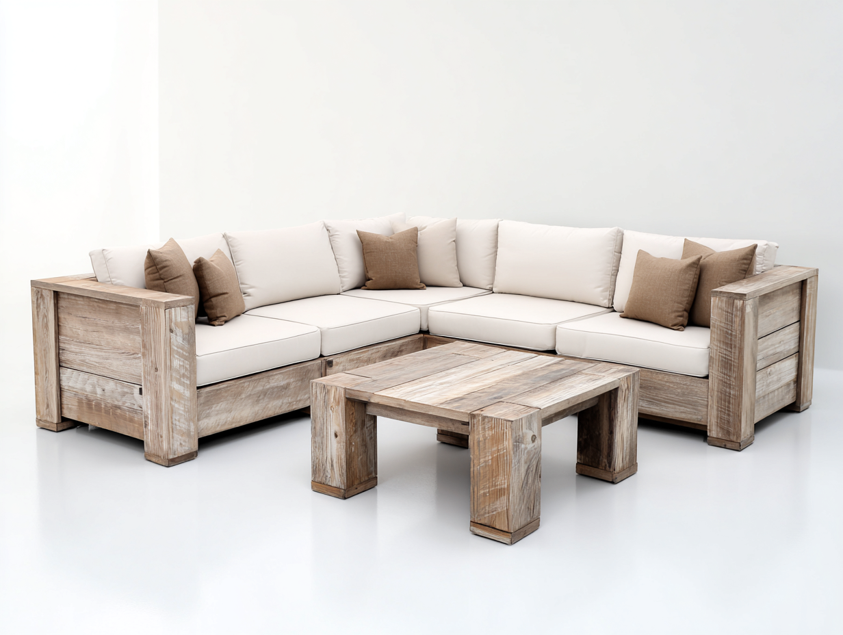 Divani da esterno - legno-tessuto - 258x258x74 cm - naturale-bianco - rustico moderno-Tavomohome
