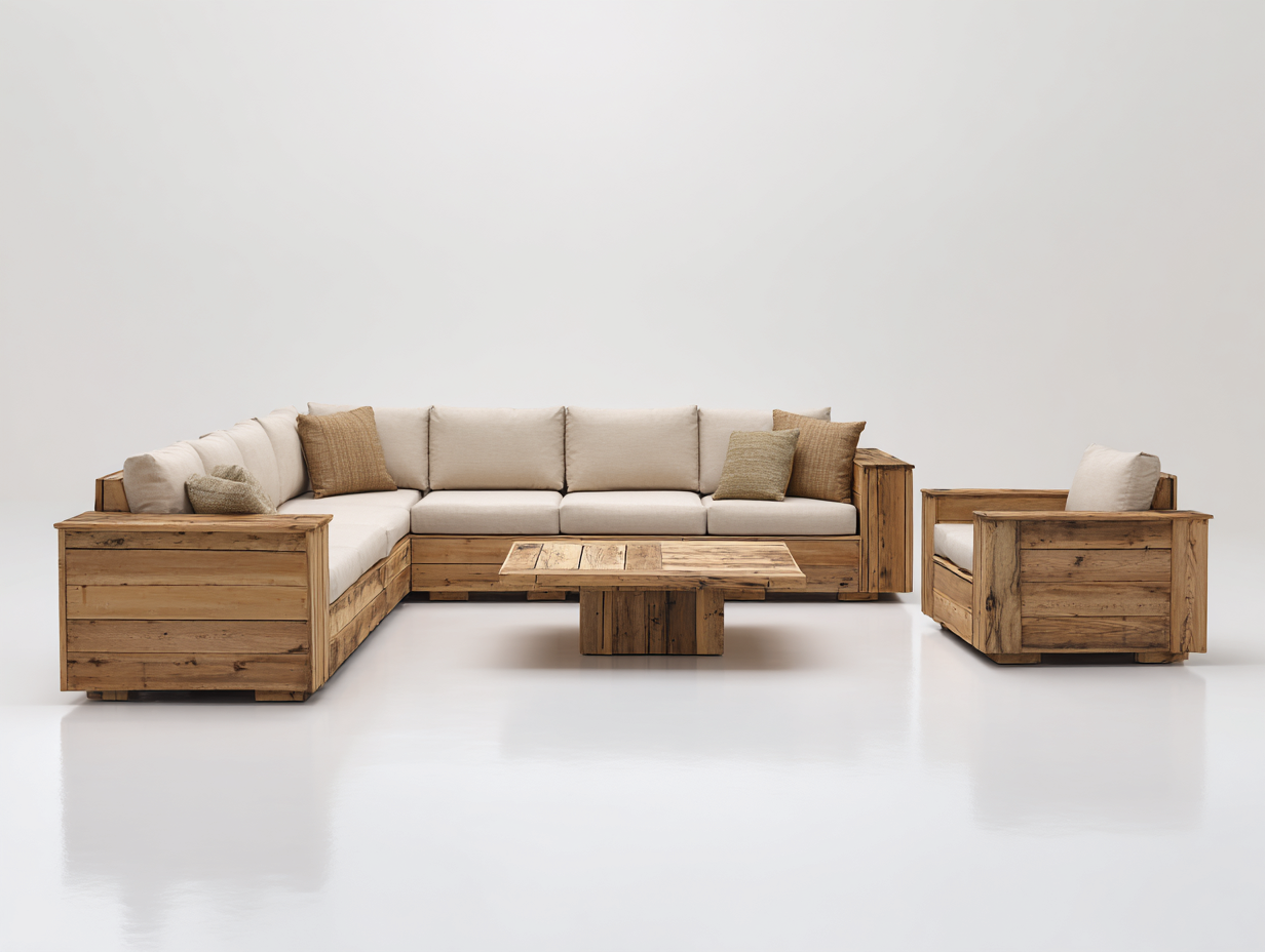 Divani da esterno - legno-tessuto - 318x236x76 cm - naturale-bianco - rustico moderno-Tavomohome