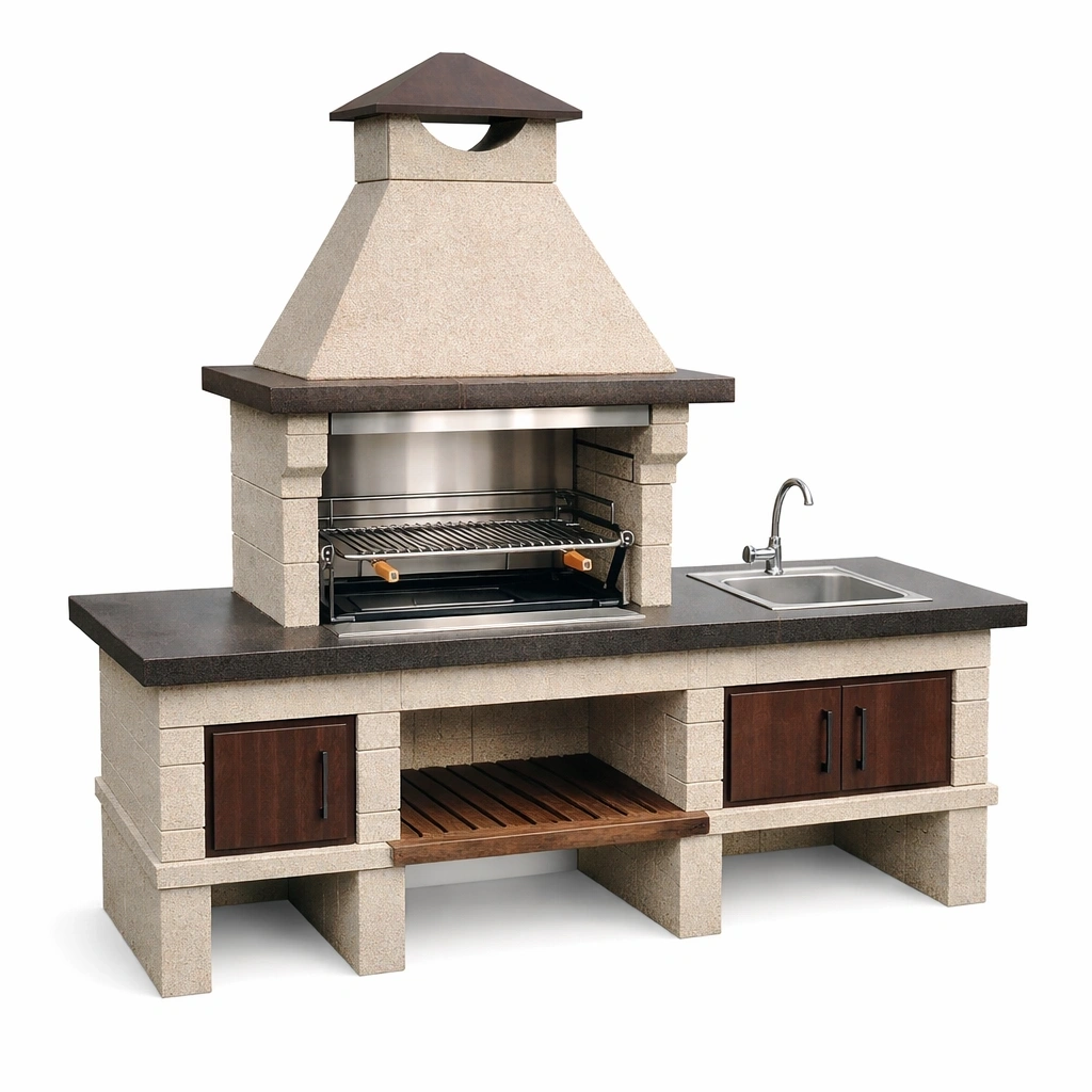 Barbecue in cemento da esterno con lavello e armadietti-LUXEDREAMSPACE