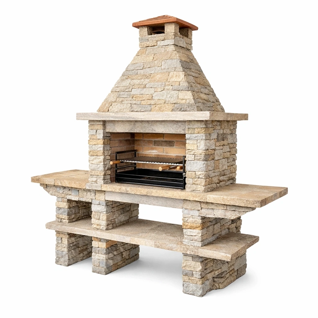 Barbecue da giardino in pietra con griglia e camino-LUXEDREAMSPACE