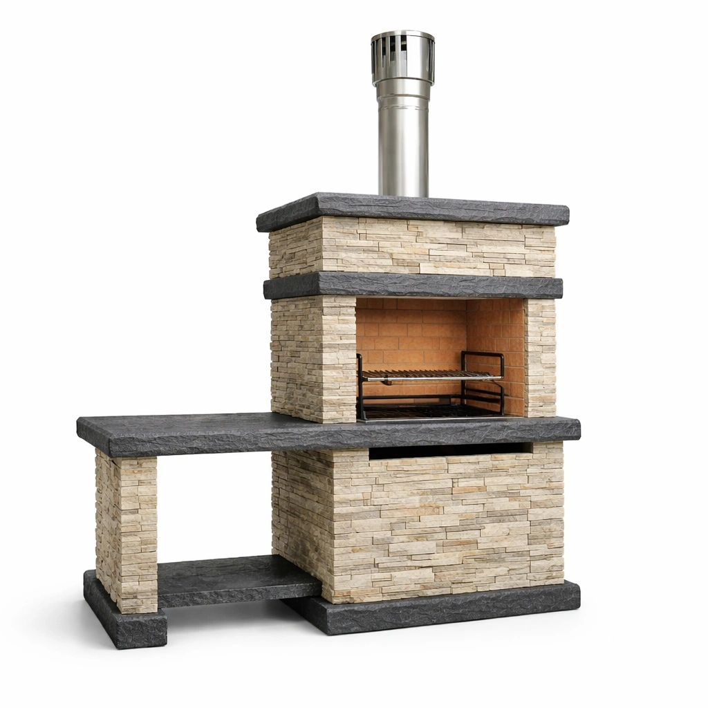 Barbecue in pietra con camino in acciaio inox-LUXEDREAMSPACE