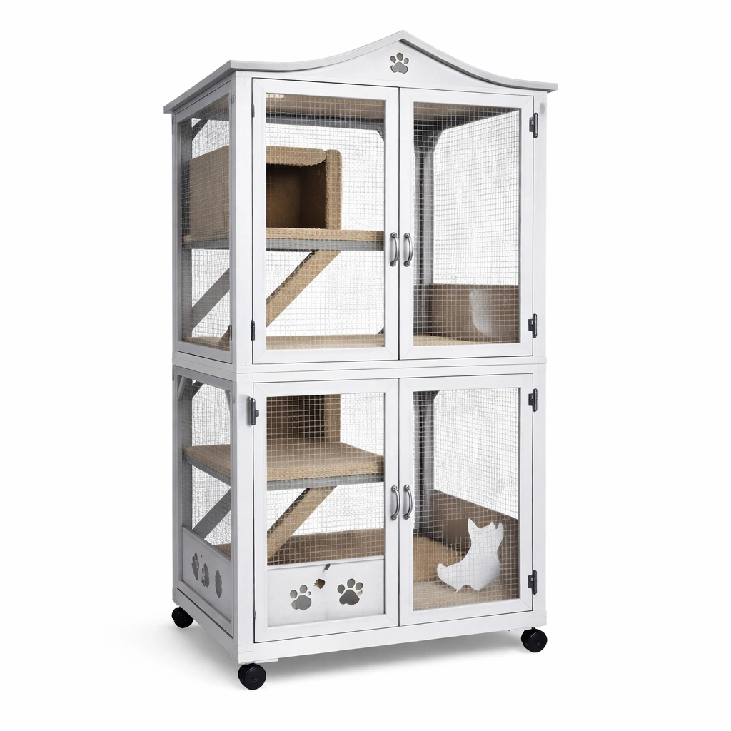 Gabbia per gatti in MDF e rete metallica bianca-LUXEDREAMSPACE