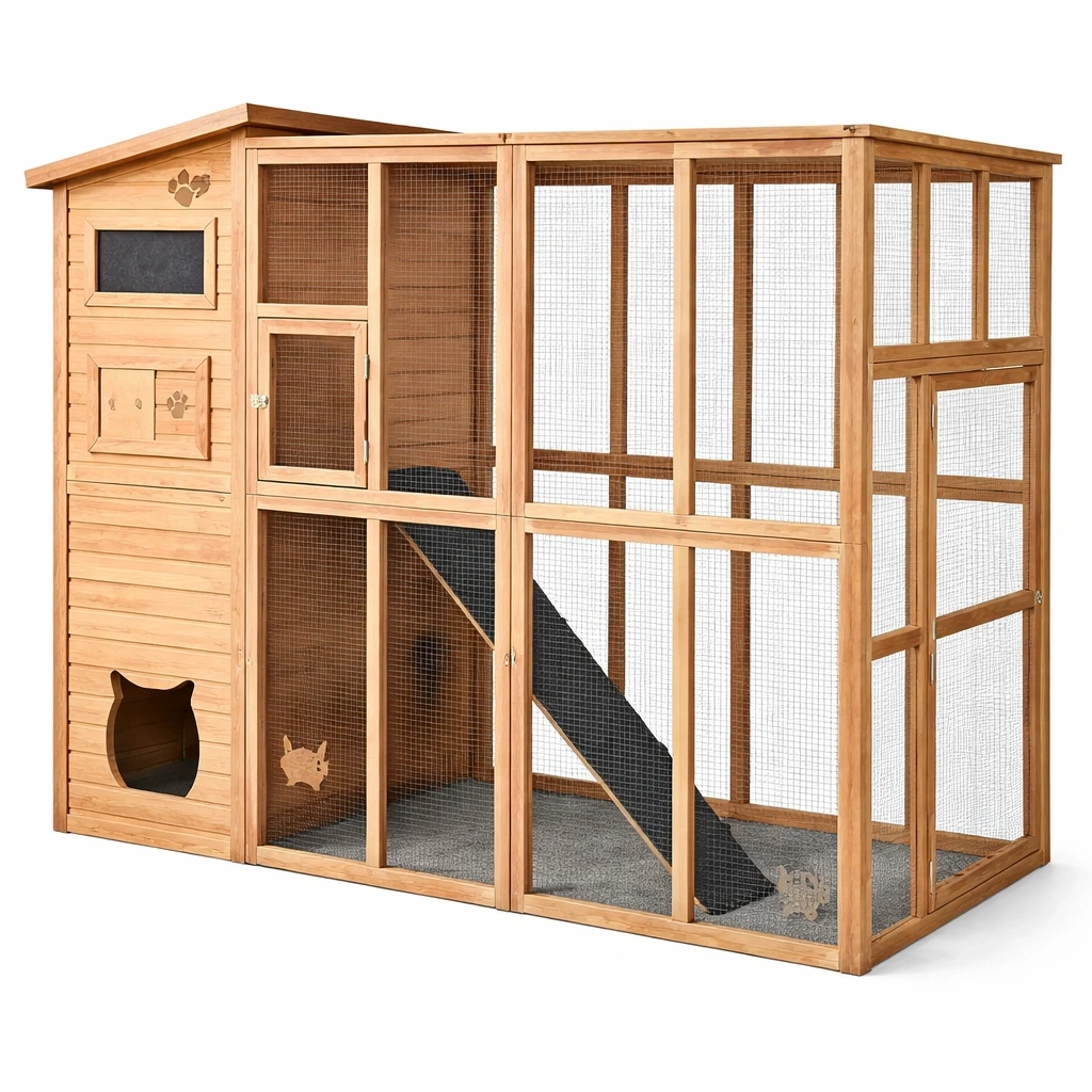 Gabbia per gatti in legno con rete metallica zincata-LUXEDREAMSPACE