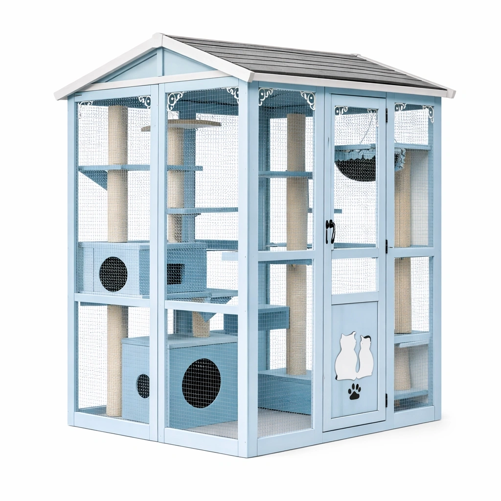Gabbia per gatti in legno e rete metallica blu 150x100x180 cm-LUXEDREAMSPACE