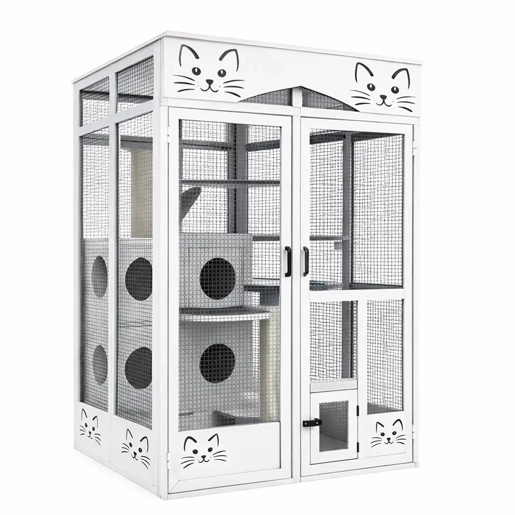 Gabbia per gatti in legno e metallo con rete bianca-LUXEDREAMSPACE