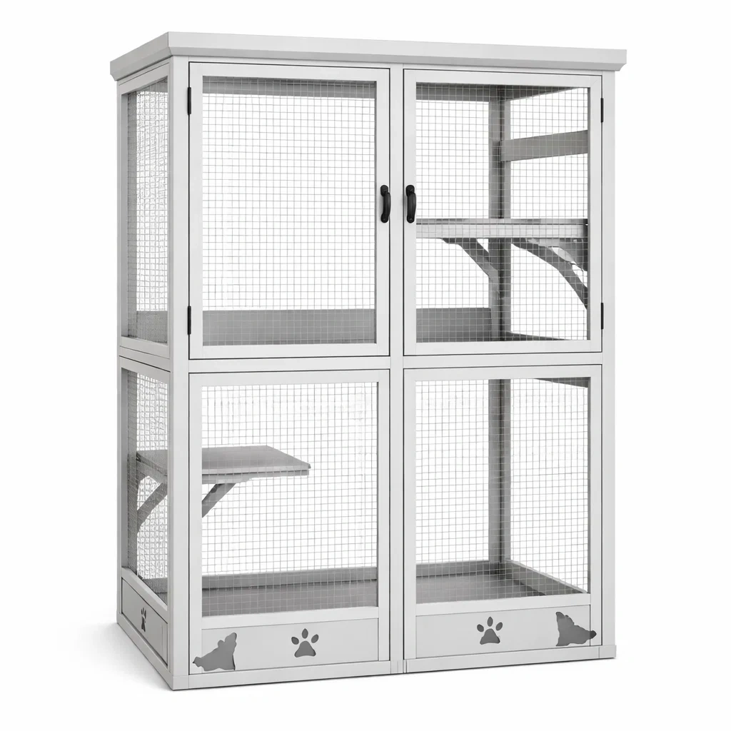 Gabbia per gatti in legno di abete e rete metallica bianca 122x78x142 cm-LUXEDREAMSPACE