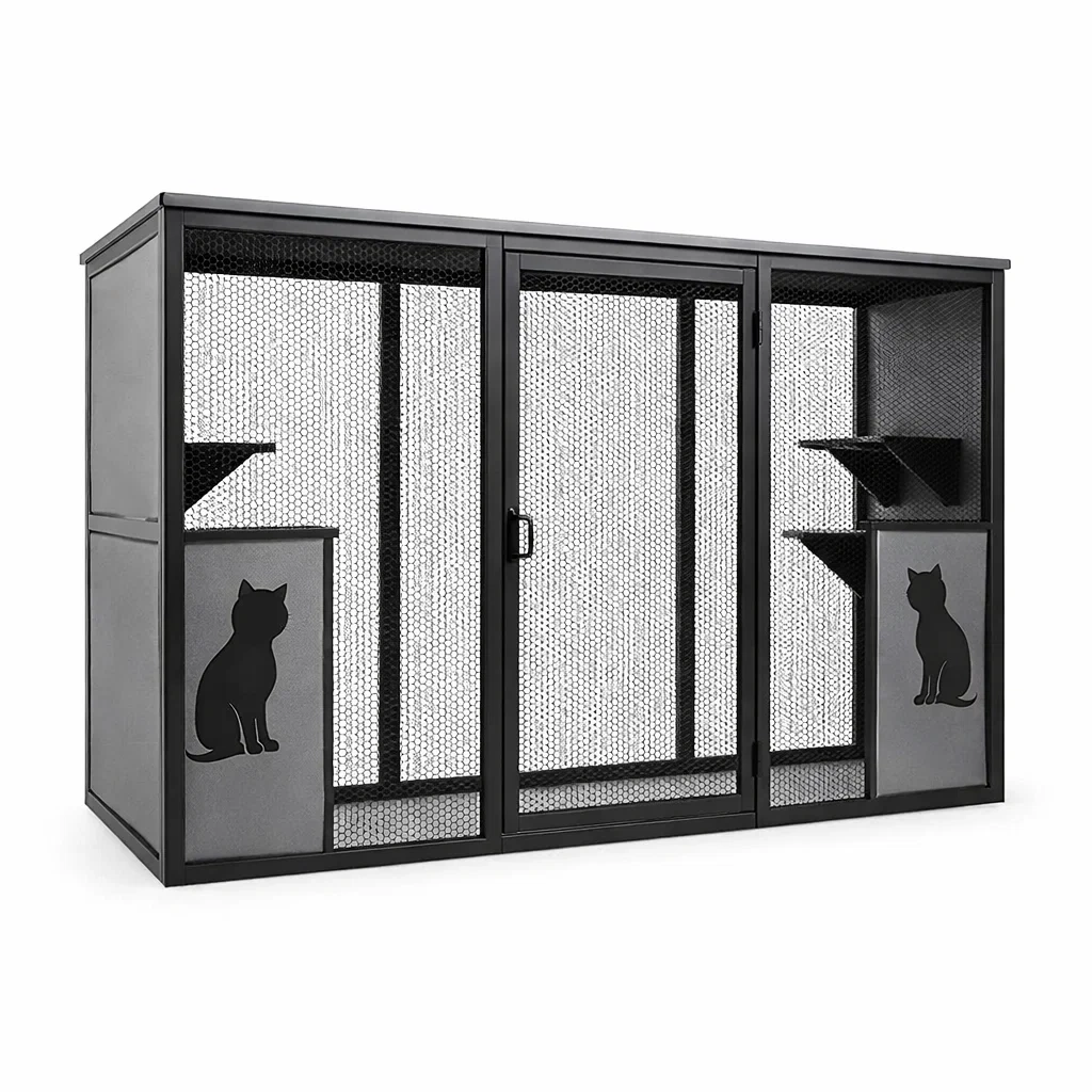 Gabbia per gatti in metallo nero con mensole-LUXEDREAMSPACE