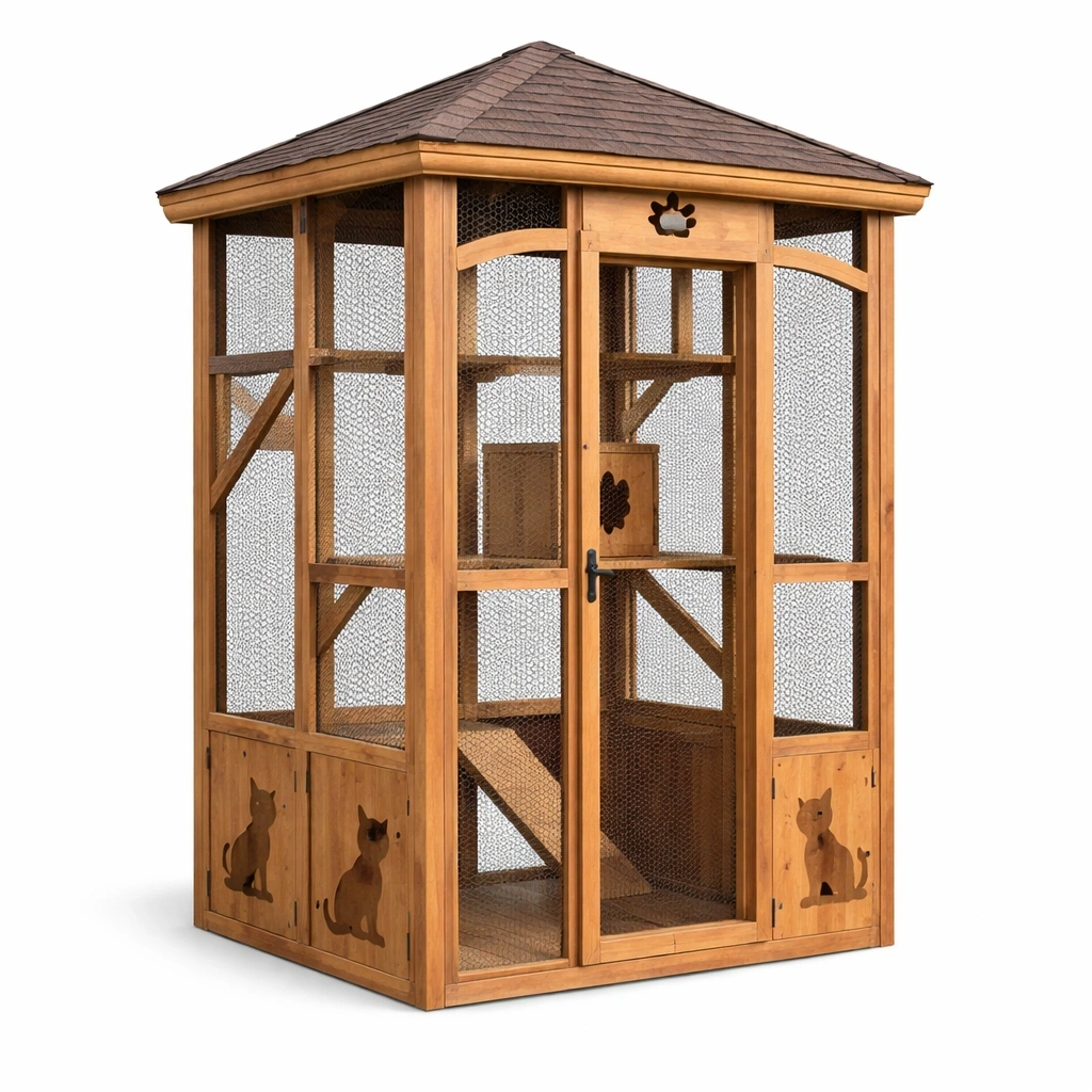 Gabbia per gatti in legno e rete metallica zincata-LUXEDREAMSPACE