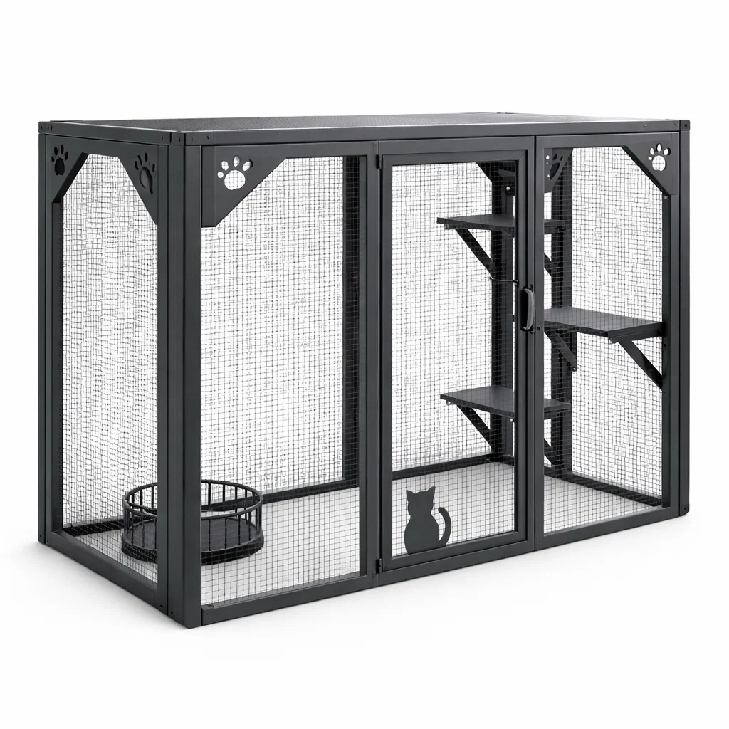 Gabbia per gatti in metallo verniciato nero-LUXEDREAMSPACE