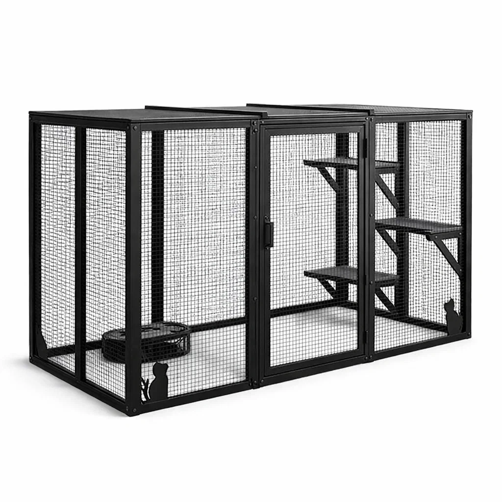 Gabbia per gatti in metallo nero con rete in acciaio 200x120x150 cm-LUXEDREAMSPACE