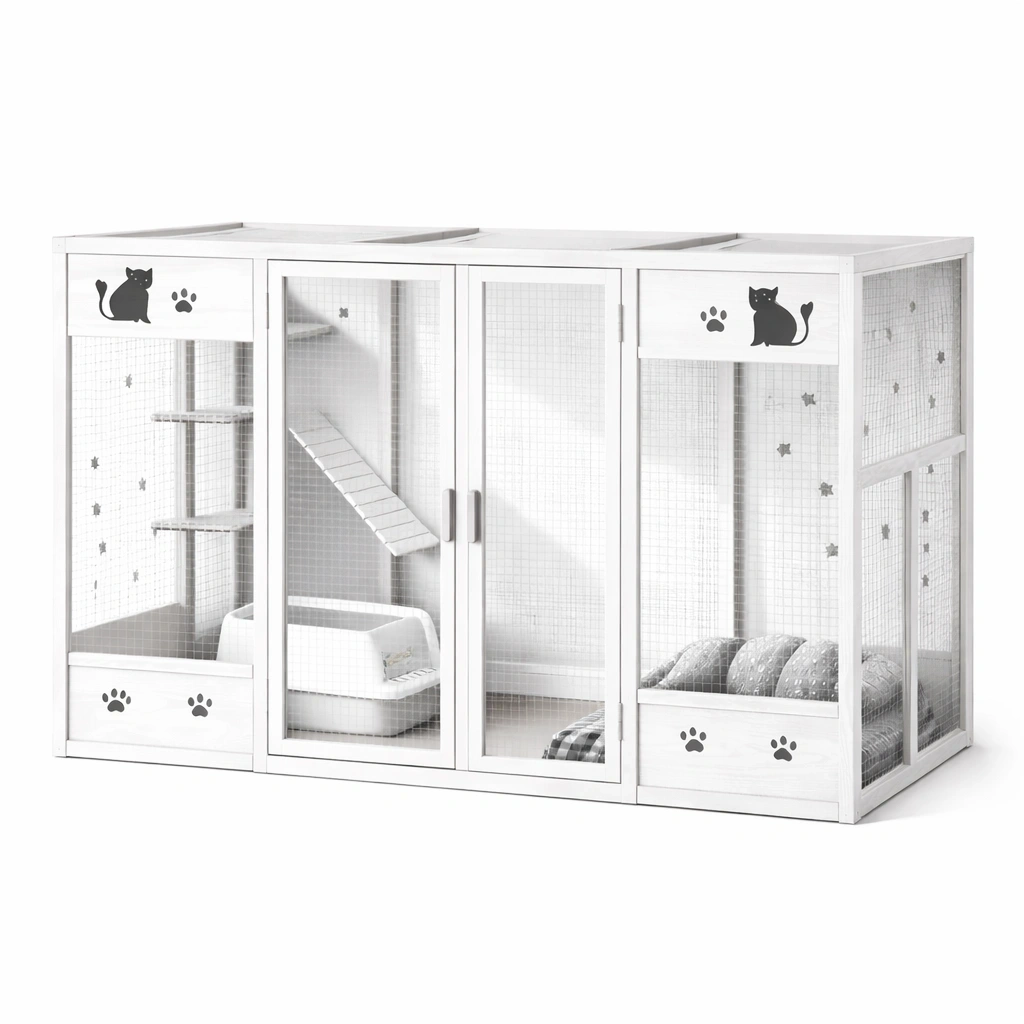 Gabbia per gatti in legno con rete metallica bianca-LUXEDREAMSPACE