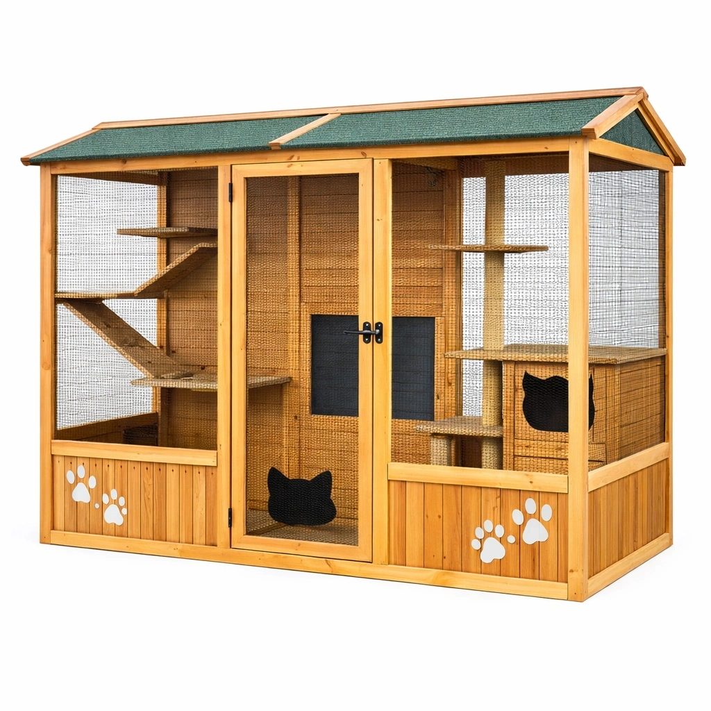 Gabbia per gatti in legno e rete zincata-LUXEDREAMSPACE