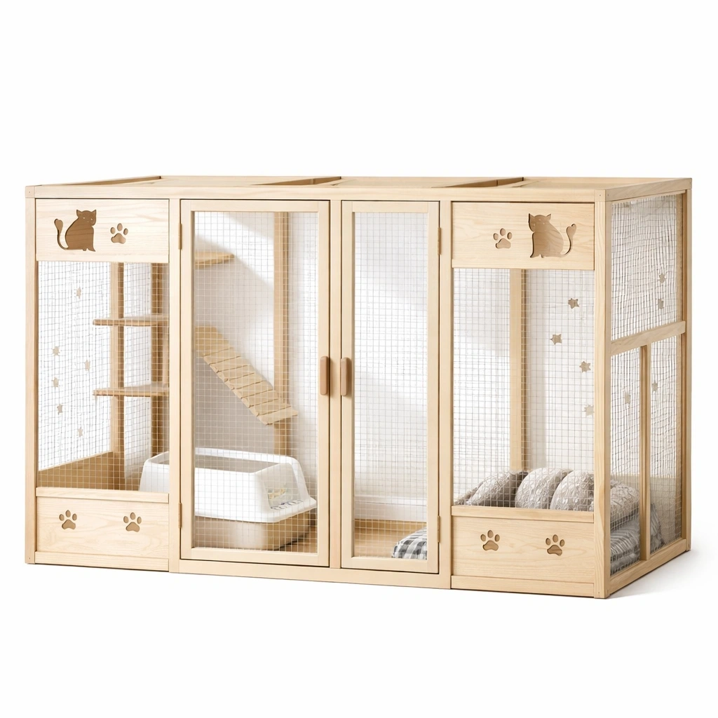 Gabbia per gatti in legno con rete metallica e porte doppie 120x60x120 cm naturale-LUXEDREAMSPACE