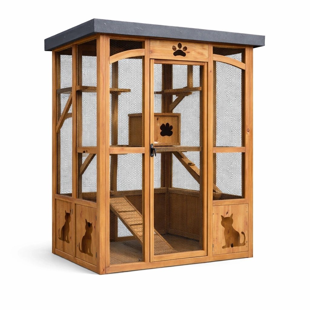 Gabbia per gatti in legno di abete e acciaio-LUXEDREAMSPACE