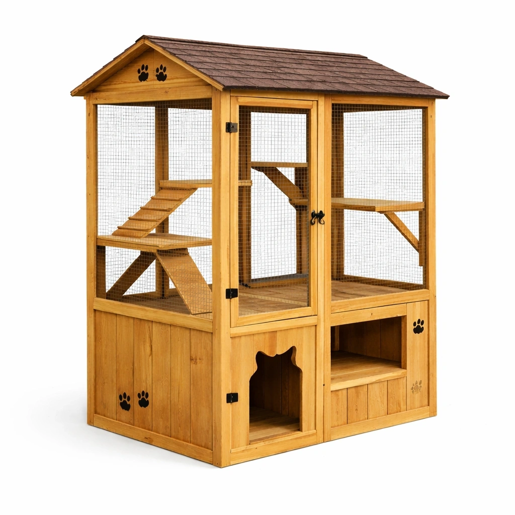 Gabbia per gatti in legno di pino con rete zincata e tetto bitumato-LUXEDREAMSPACE