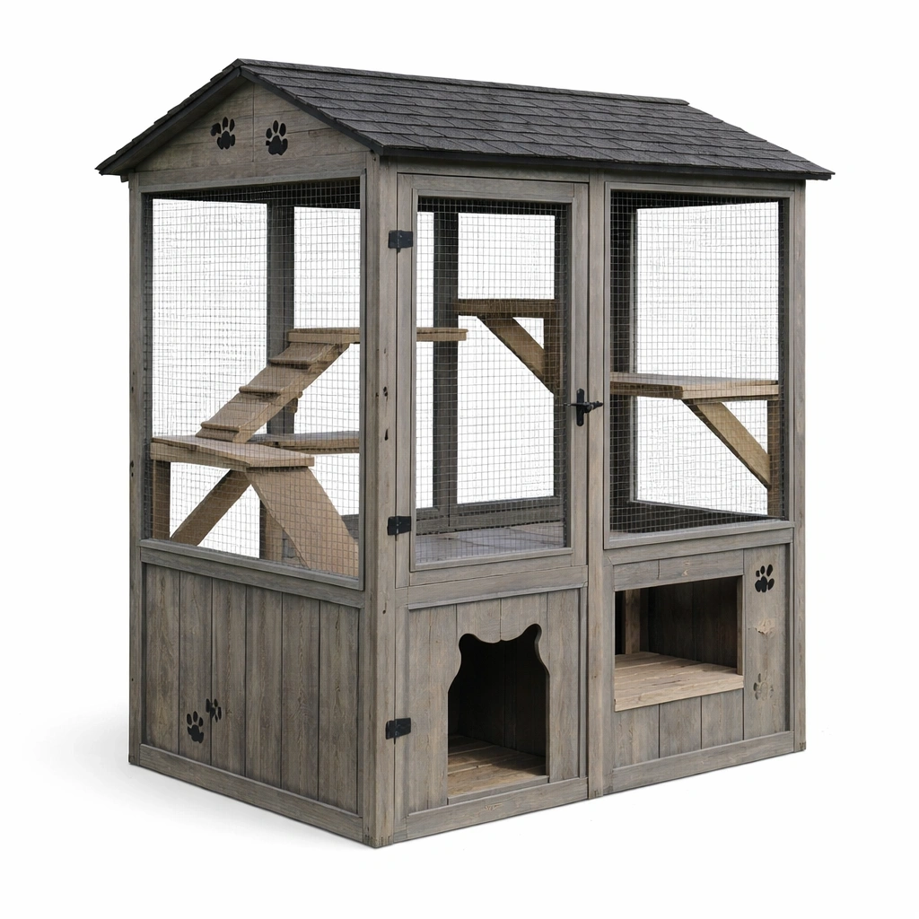 Gabbia per gatti in legno di abete e rete metallica zincata-LUXEDREAMSPACE