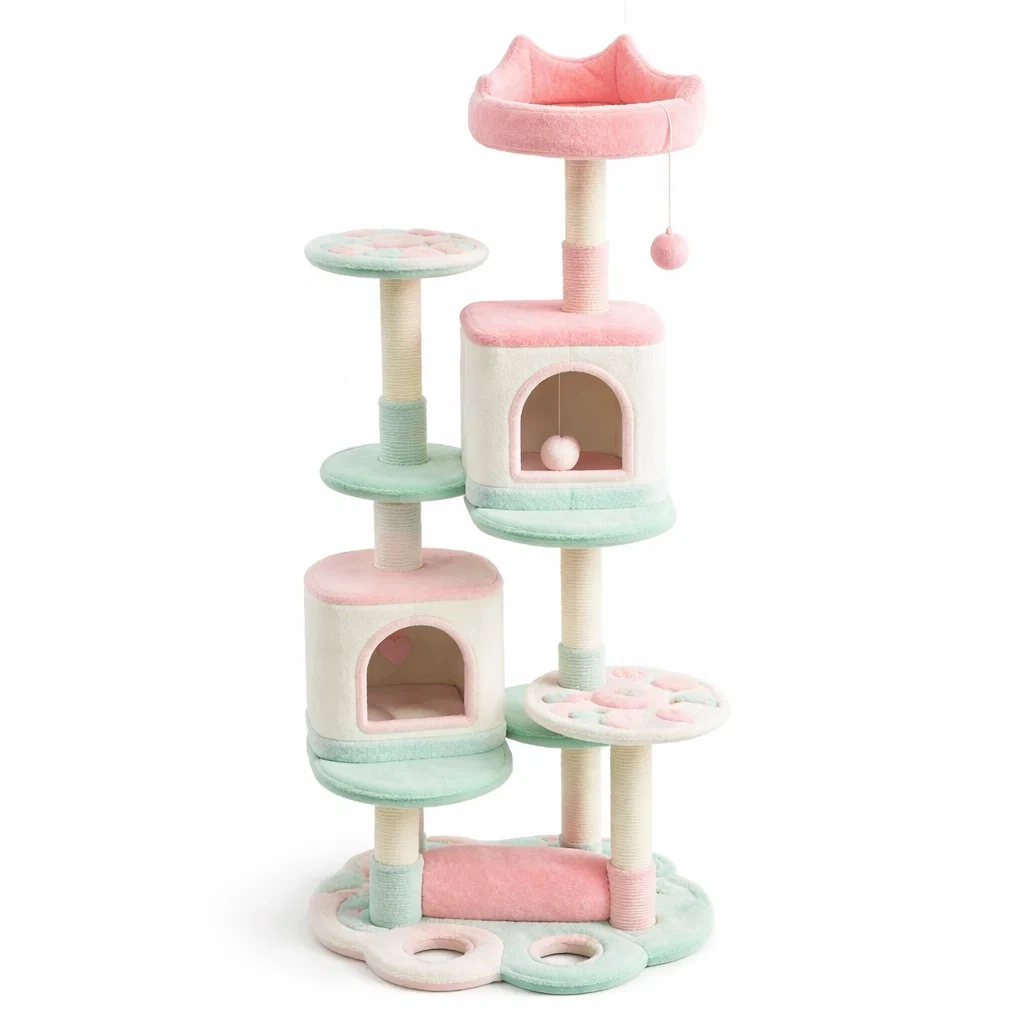 Tiragraffi multilivello in peluche rosa e verde-LUXEDREAMSPACE
