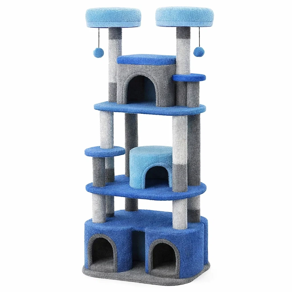 Tiragraffi per gatti in tessuto e schiuma multilivello blu grigio-LUXEDREAMSPACE