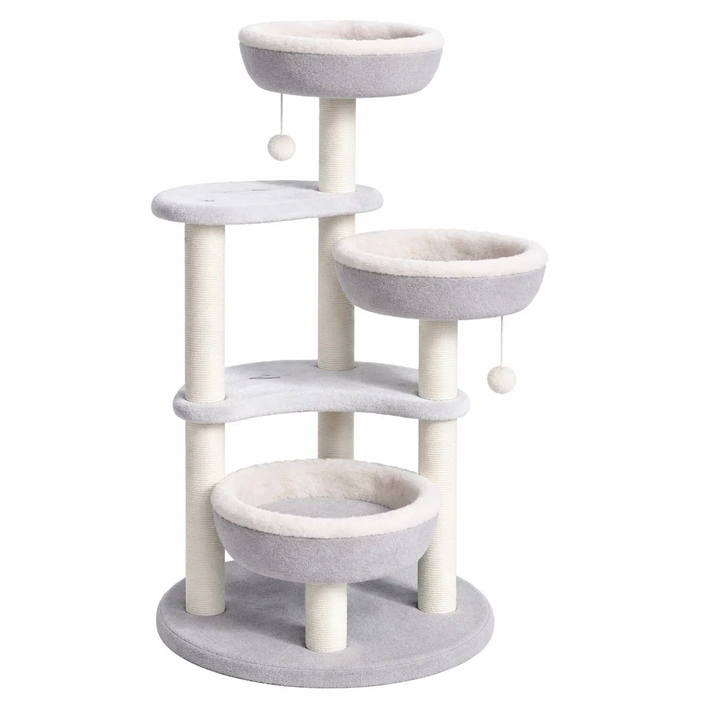 Tiragraffi per gatti in sisal e peluche con tre livelli e giocattoli-LUXEDREAMSPACE
