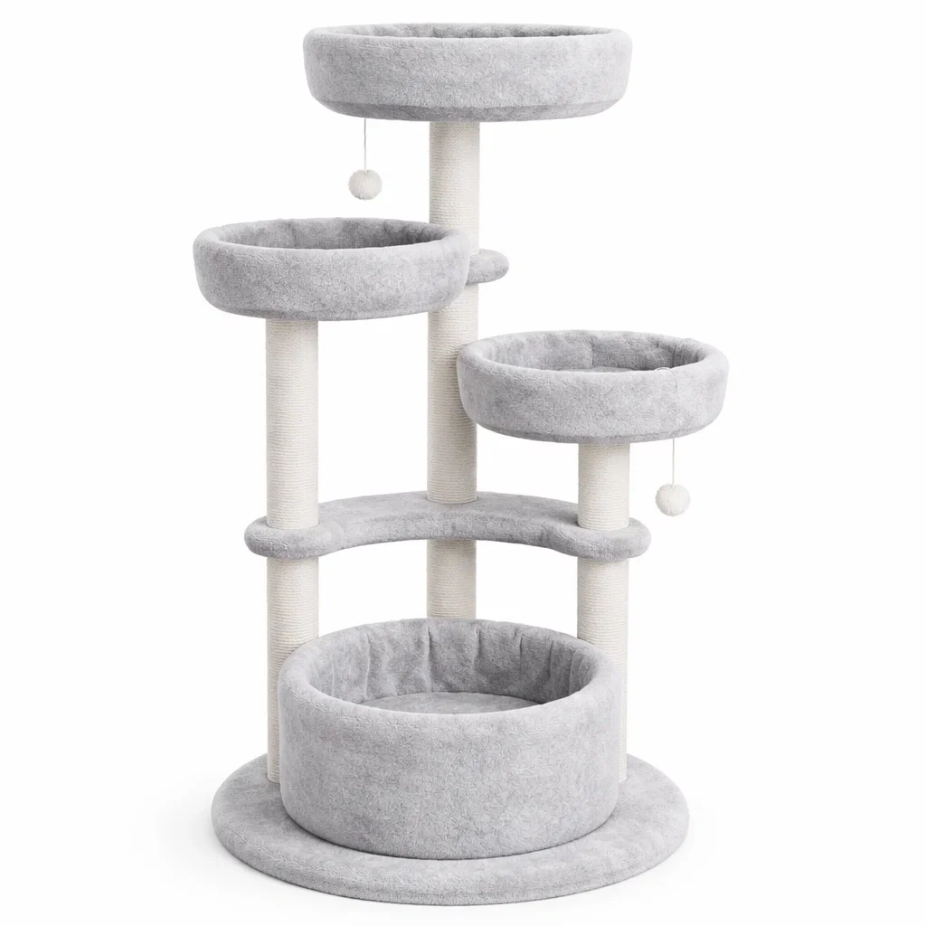 Tiragraffi per gatti in peluche e sisal grigio con giocattoli-LUXEDREAMSPACE