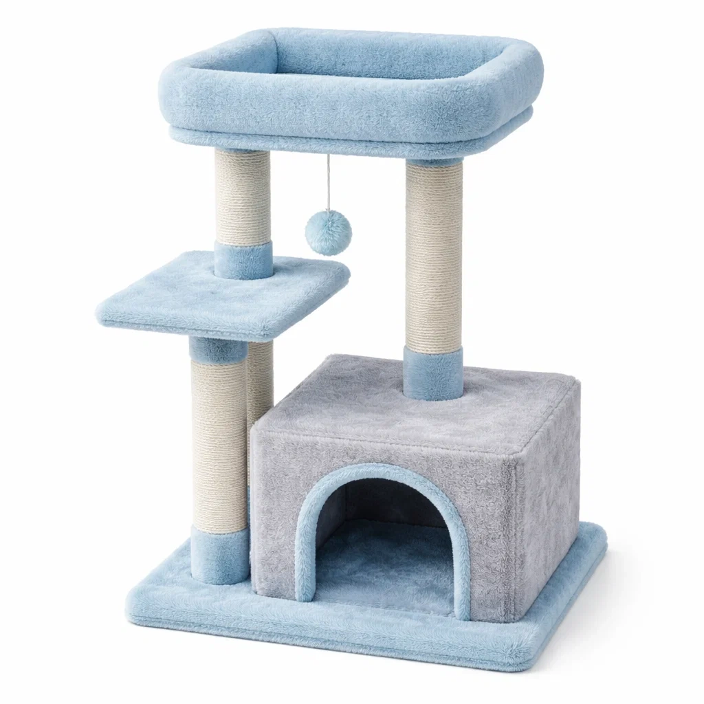Tiragraffi per gatti in peluche con colonne in sisal blu e grigio-LUXEDREAMSPACE