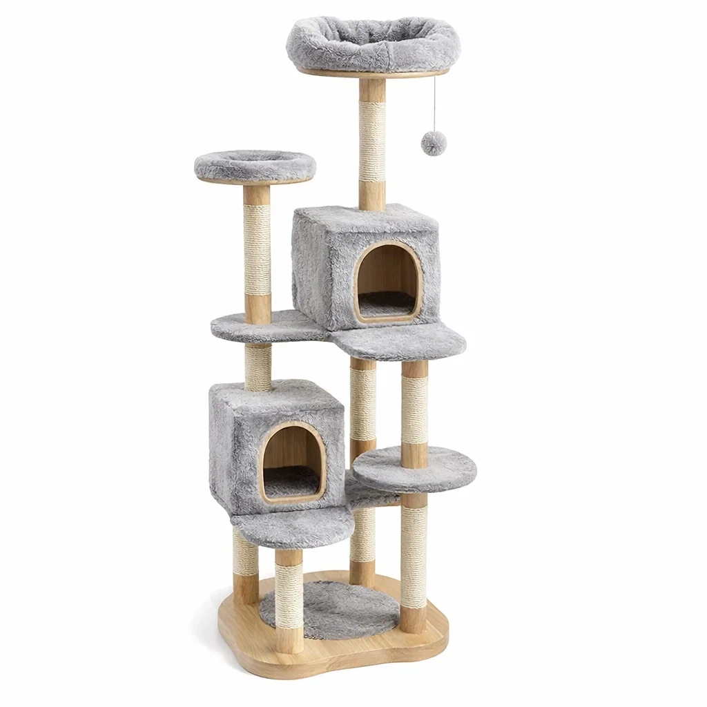 Tiragraffi per gatti in legno peluche e sisal grigio-LUXEDREAMSPACE
