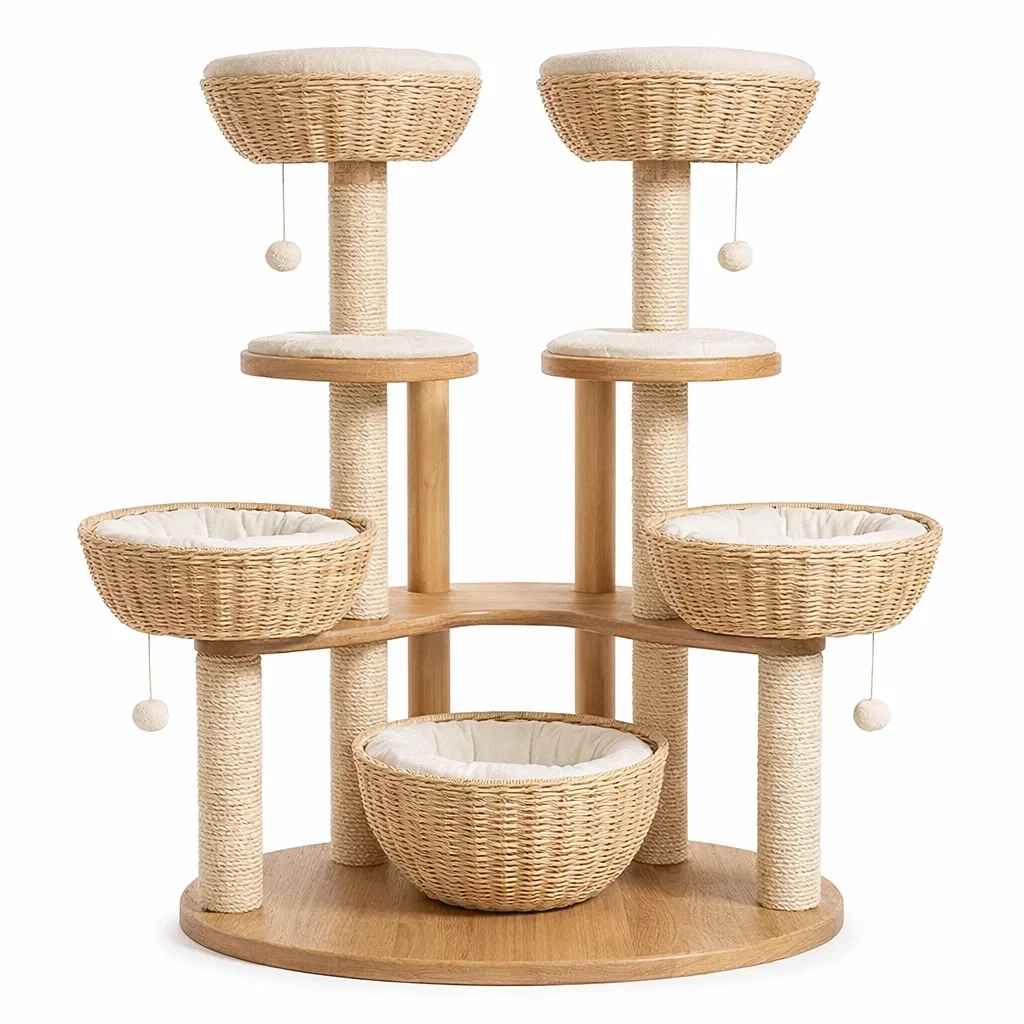 Tiragraffi per gatti in legno e rattan con cuscini beige-LUXEDREAMSPACE