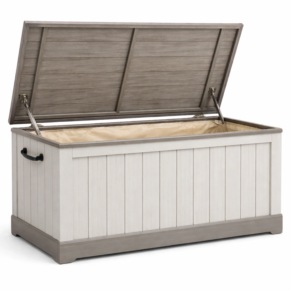 Contenitore in legno composito grigio e beige con finitura resistente-LUXEDREAMSPACE