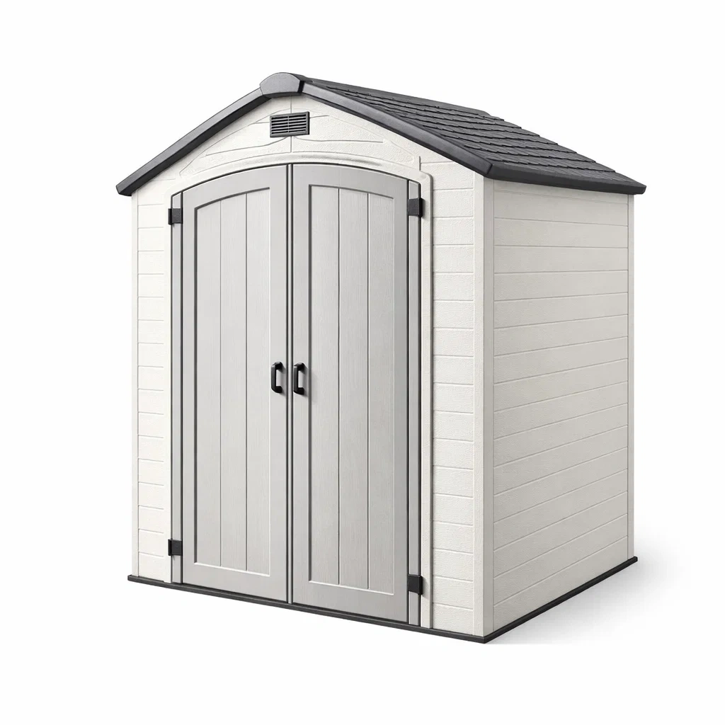Casetta da giardino in resina grigio e bianco con porta doppia-LUXEDREAMSPACE