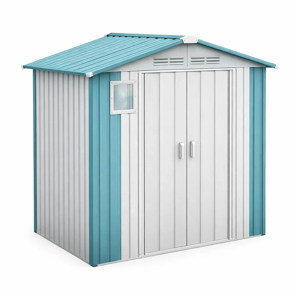 Casetta da giardino in acciaio con porta scorrevole e finestrella 213x130x185 cm blu bianco-LUXEDREAMSPACE