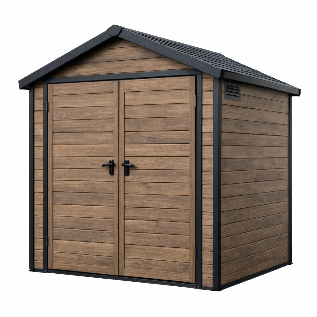 Casetta da giardino in resina con effetto legno marrone-LUXEDREAMSPACE